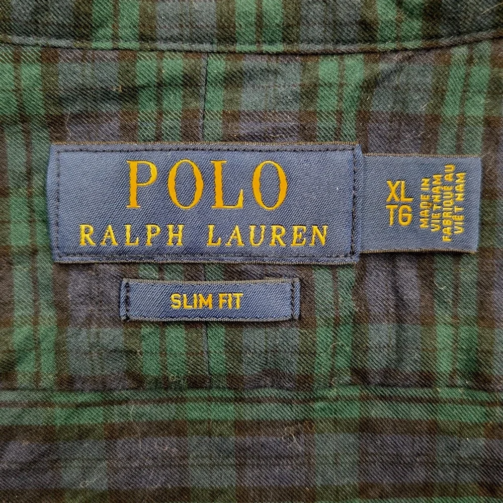 Polo Ralph Lauren Slim Fit Button Shirt Navy Blue Green‎ Plaid Mens XL